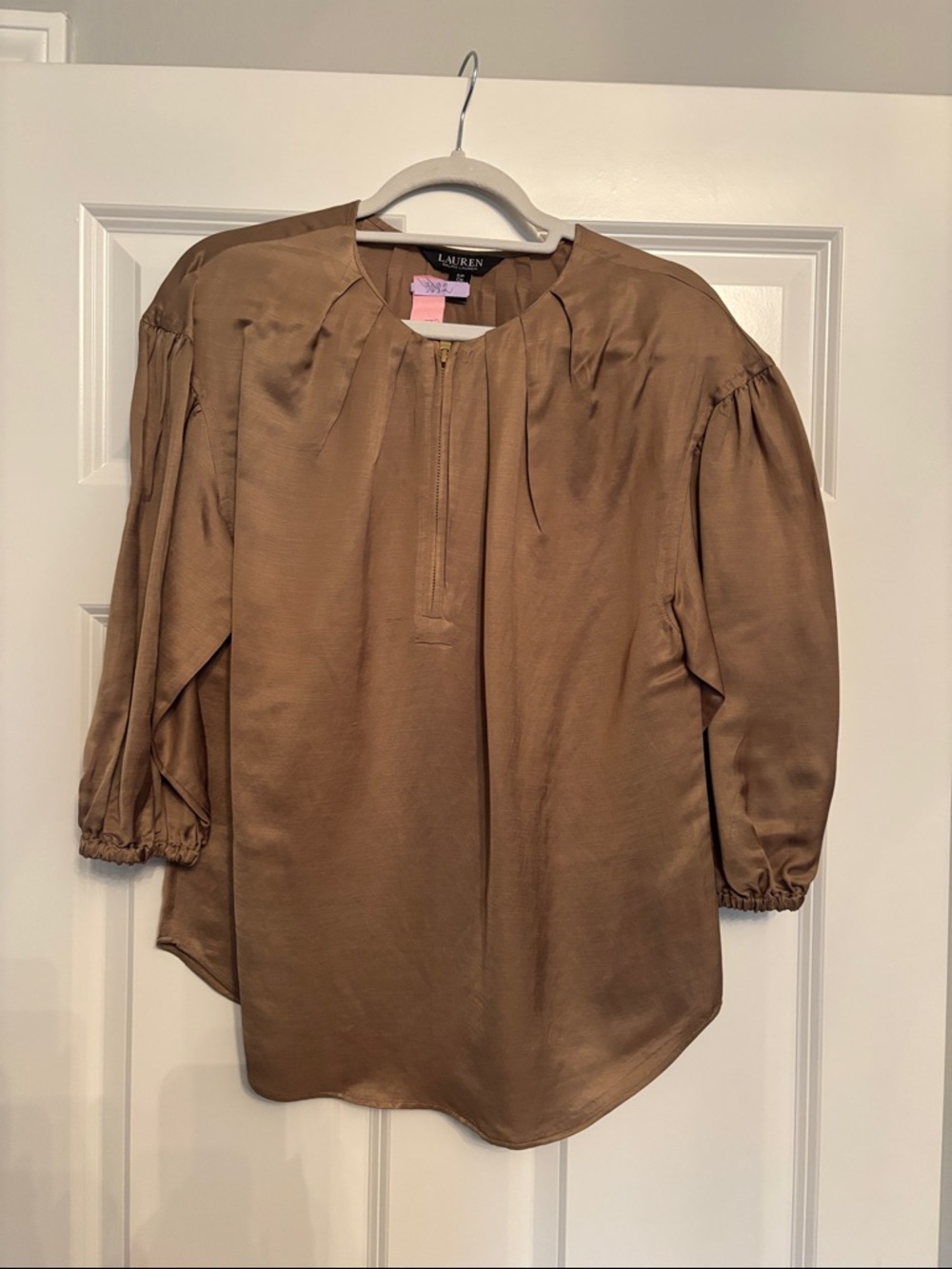 Lauren Ralph Lauren Taupe Satin Peasant Blouse